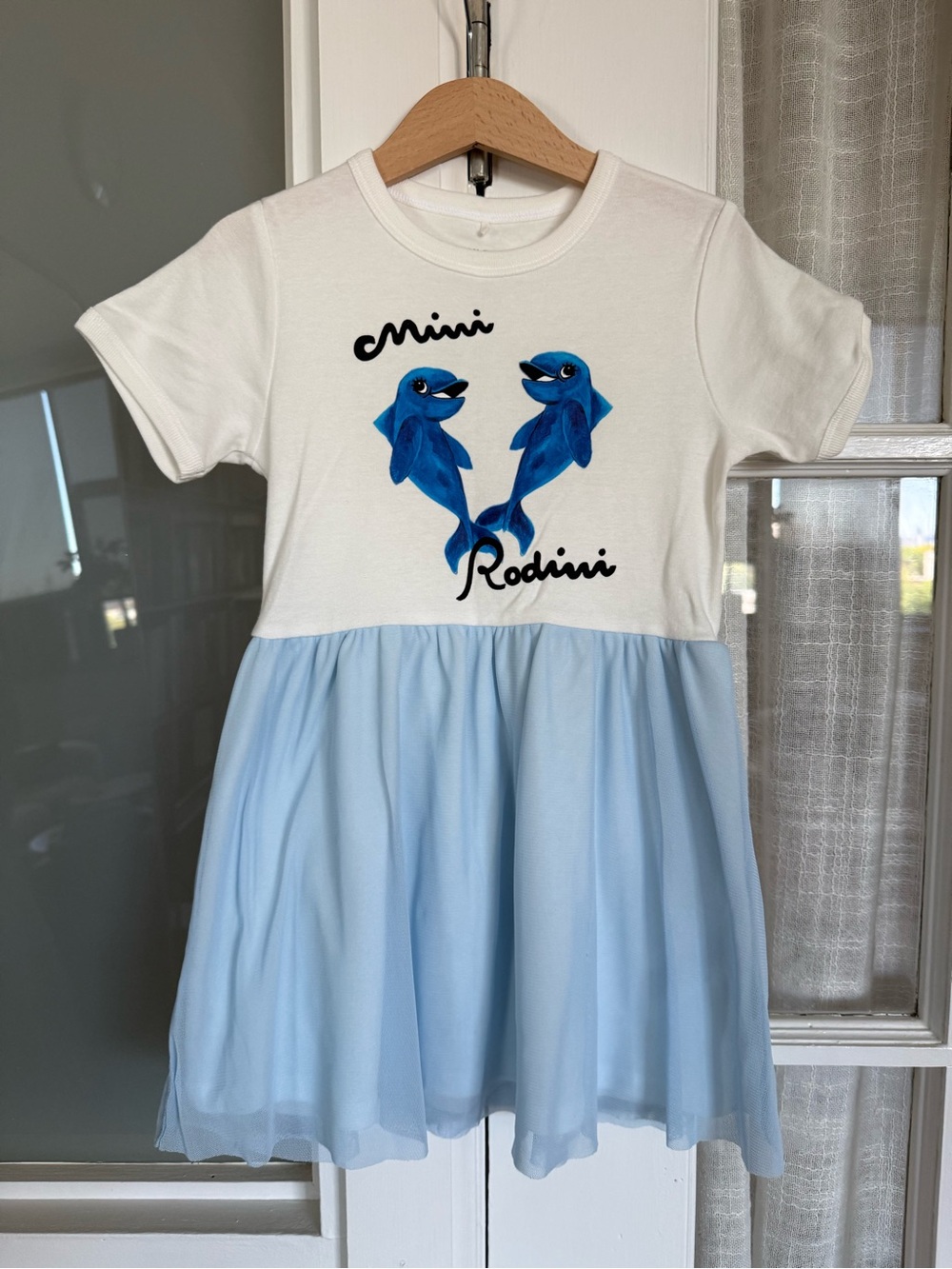 Mini Rodini White & Blue Dolphin Tulle Dress